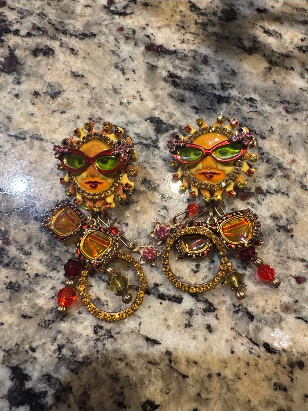 Vintage Lunch At The Ritz Sunshine Stud Statement Earrings with Green Accents